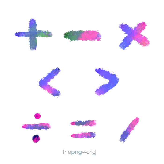 Mathematical Sign Plus,minus,equals to,multiply,divide,greater than,smaller than,math,mathematical sign,coloured sign,blue,pink,multicolor,font,design,school,rainbow,algebra,add,accounting,substract,greater,addition,paint,calculation,element,symbols,negative positive